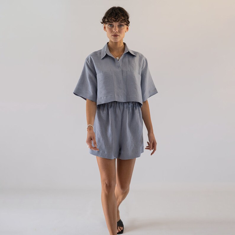 Crop Linen Top, Linen Short Sleeve Crop Top, Blue Linen Cropped Blouse, Linen Cropped Blouse, Womens Linen Shirt, Linen Women's Clothing image 2