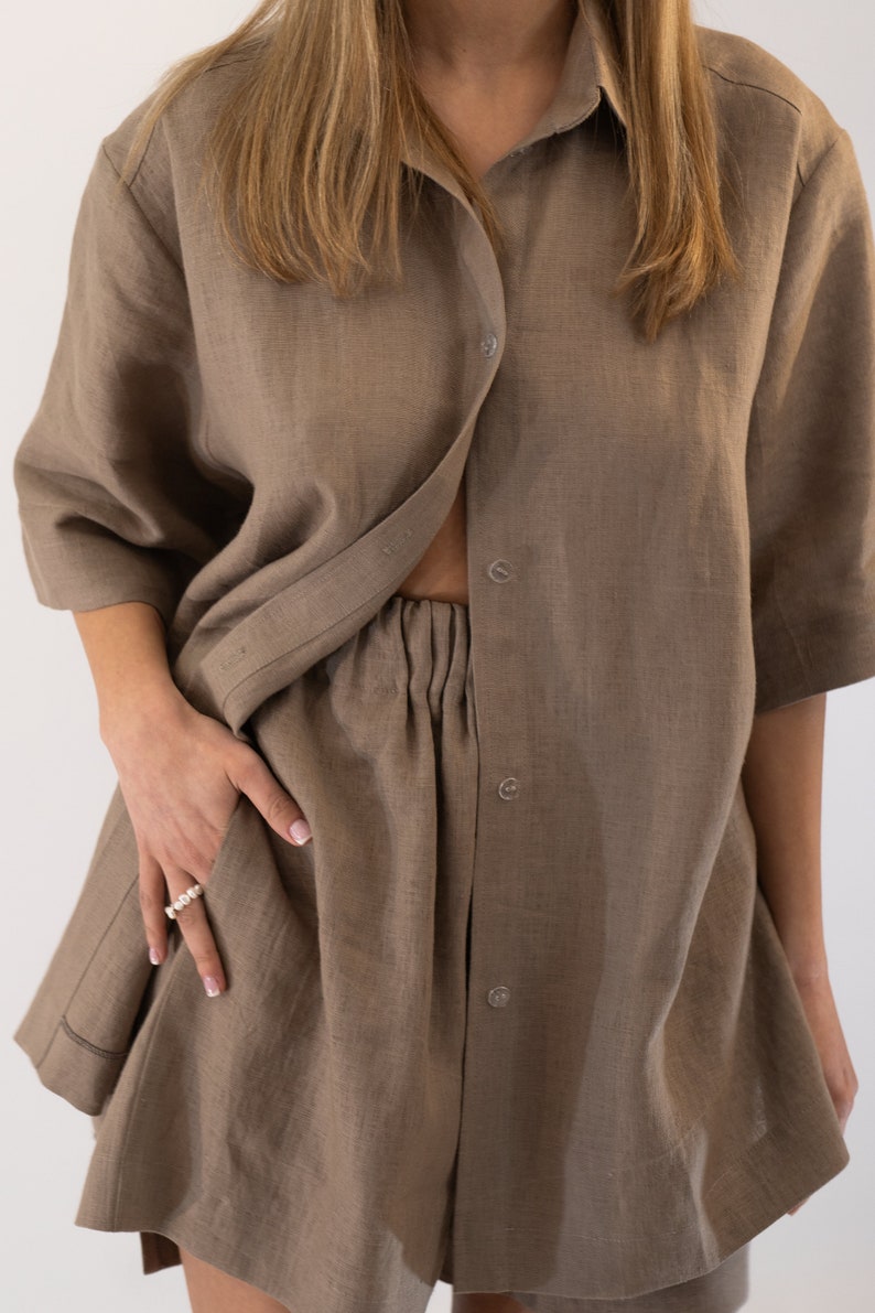 Oversized Linen Shirt, Short Sleeves Shirt, Women Summer Shirt, Linen Blouse, Loose Linen Shirt, Pajama Linen Shirt , Plus size zdjęcie 4