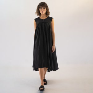 Sleeveless Pleated A line Midi Linen Dress NOIRA, Black Linen Dress, O neck Sleeveless Summer Dress, Pleated linen Dress, Loose Midi Dress image 1