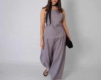 Linen Two Piece Set, Open Back Sleeveless Top & Wide Balloon Pants, Women Minimalist Summer Outfit