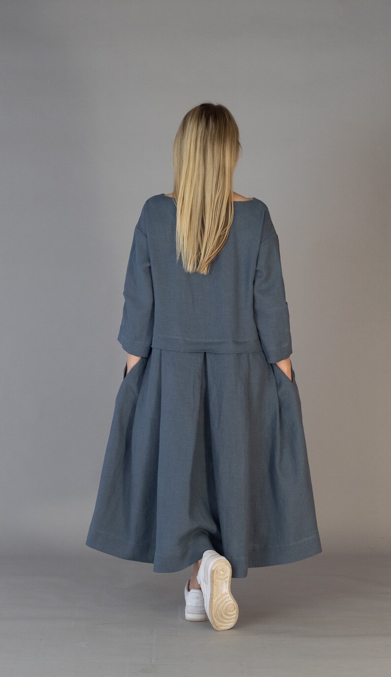 AIJA Oversized Long Linen Dress with Pockets, Casual Natural Flax Comfortable Pleated Oversized Linen Dress, Women Loose Linen dress, Size L image 3