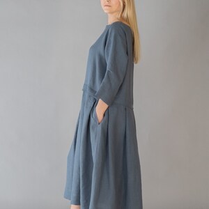 AIJA Oversized Long Linen Dress with Pockets, Casual Natural Flax Comfortable Pleated Oversized Linen Dress, Women Loose Linen dress, Size L image 2