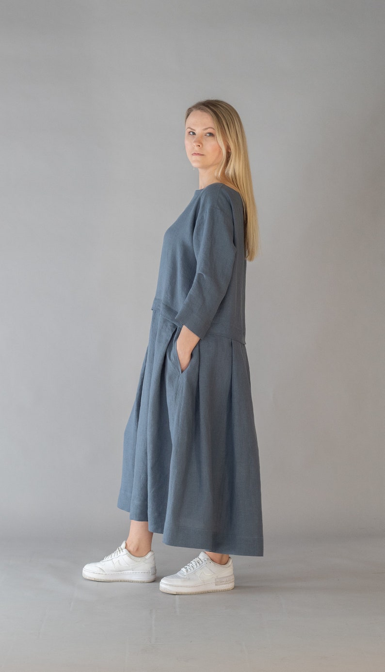 AIJA Oversized Long Linen Dress with Pockets, Casual Natural Flax Comfortable Pleated Oversized Linen Dress, Women Loose Linen dress, Size L image 2