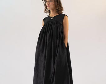 Black Linen Maternity Dress, Sleeveless A-Line Midi Dress with Pockets, Size S