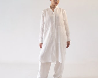 Plus Size Linen Maxi Shirt Dress, Oversize Long Sleeve Tunic Dresses