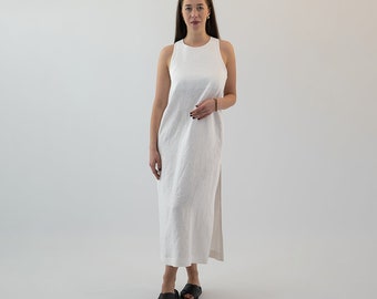 White Midi Summer Linen Dress, READY to GO, Solid Summer Linen Casual Sleeveless Midi Dress, Size S, Color WHITE