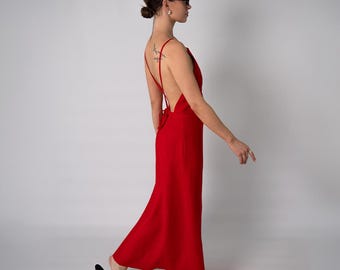 Red Linen Maxi Open Back Dress, Summer Vacation Dress,  Linen Prom Dresses