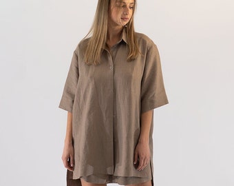 Oversized Linen Shirt, Short Sleeves Shirt, Women Summer Shirt, Linen Blouse, Loose Linen Shirt, Pajama Linen Shirt , Plus size