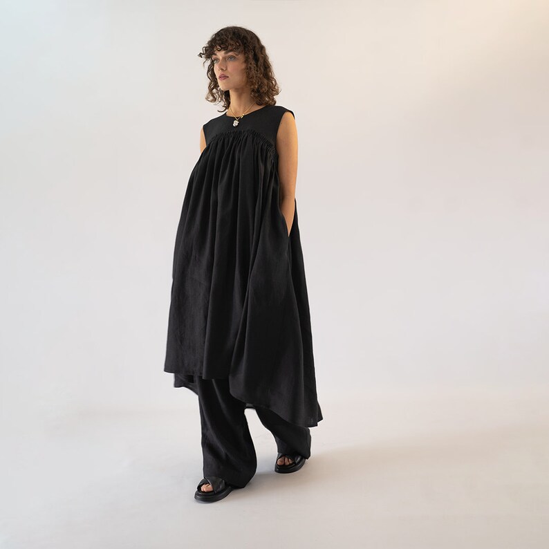 Sleeveless Pleated A line Midi Linen Dress NOIRA, Black Linen Dress, O neck Sleeveless Summer Dress, Pleated linen Dress, Loose Midi Dress image 2