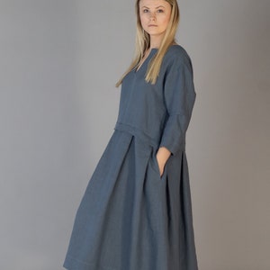 AIJA Oversized Long Linen Dress with Pockets, Casual Natural Flax Comfortable Pleated Oversized Linen Dress, Women Loose Linen dress, Size L image 4