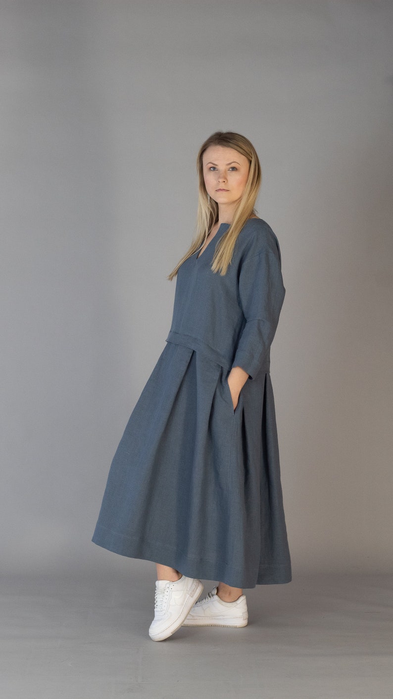 AIJA Oversized Long Linen Dress with Pockets, Casual Natural Flax Comfortable Pleated Oversized Linen Dress, Women Loose Linen dress, Size L image 4
