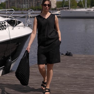 Leinen Shorts und Top, Leinen Set zwei Stück, Leinen Strand Kleidung, Lange Leinen Shorts, Leinen Top mit V-Ausschnitt, Lockere Strand Set, Leinen Pyjama Sets, ANDA