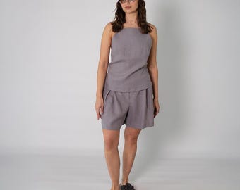 Two Piece Linen Set, Open Back Top and Wide Leg Shorts, Womens Summer Outfits, Beach Linen Outfit