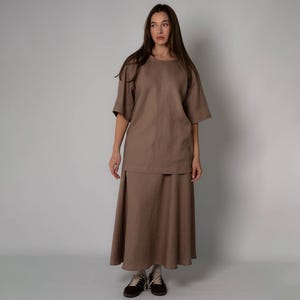 Women’s Linen Co-ord Set, SELMA,  Relaxed Fit Linen Top and Pleated Long Skirt, Soft Brown Linen Outfit, Minimalist Summer Wear