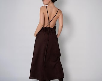 Brown Linen Backless Maxi Dress, Open Back Summer Dress, Cross Straps, Summer Prom Dresses