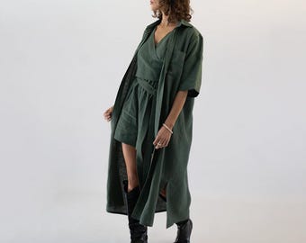 Oversized Washed Linen Maxi Shirtdress, Relaxed Fit Summer Dress