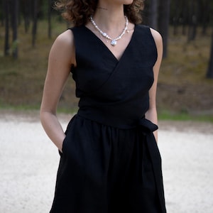 Women’s Linen Crop Wrap Top, Natural Linen Sleeveless Blouse, V-Neck Tie Waist Top, Ethical Summer Linen Top, Linen Wrap Crop Top