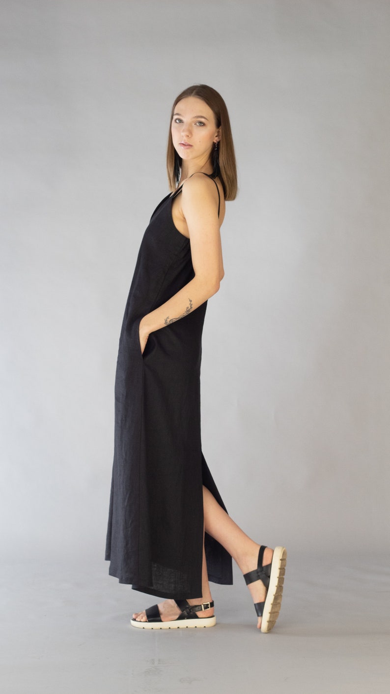 Summer Linen Long Simple Dress DORIAN with Spaghetti Strap, Slip Summer Linen MAXI Dress DORIAN, Spaghetti Strap Dress, Soft Black Linen Dress, Simple dress, Deep V neckline Dress/White linen dress