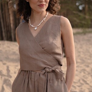 Linen Wrap Crop Top, Sleeveless Tie Waist Linen Blouse,  V-Neck Summer Top,  Natural Linen Summer Blouse, Women’s Linen Crop Wrap Top