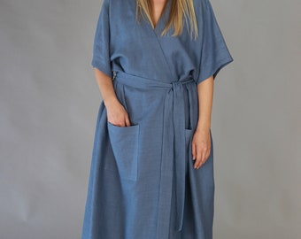 Blue Kimono / Stonewashed Linen Kimono / Linen Kimono Robe / Linen Wrap Dress / Linen Kimono Dress / Oversize Linen Kimono Jacket
