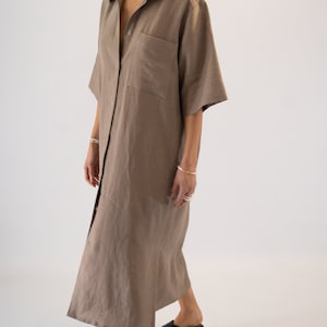 Oversized Short Sleeved Linen Midi Dress, Collared Midi Shirt Dress, Linen Shirt Dress, Green Linen Dress, Lightweight Linen Dress image 6