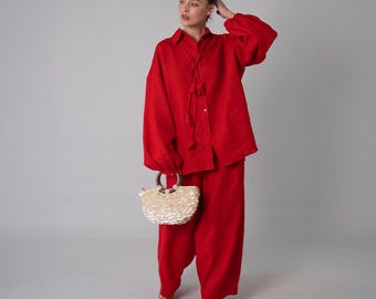 Two Piece Linen Set, Balloon Sleeve Loose Blouse & Barrel-Leg Pants, Women Summer Casual Outfit, Handmade, Custom Made