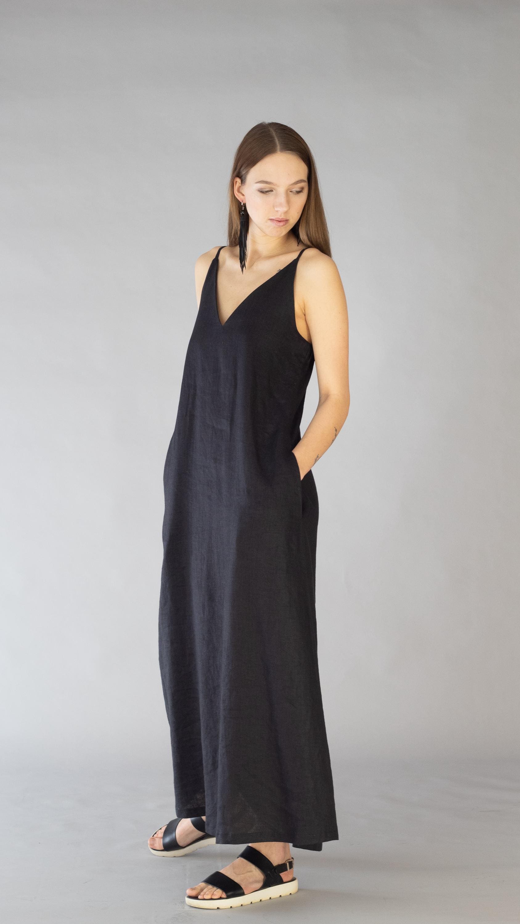 Handmade Black Linen Maxi Dress, Sleeveless V-neck, A-line Slip with Pockets