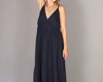 Soft Linen Maxi Dress, Spaghetti Strap V-Neck Ruffle Sundress, Handmade Summer Long Slip Dress
