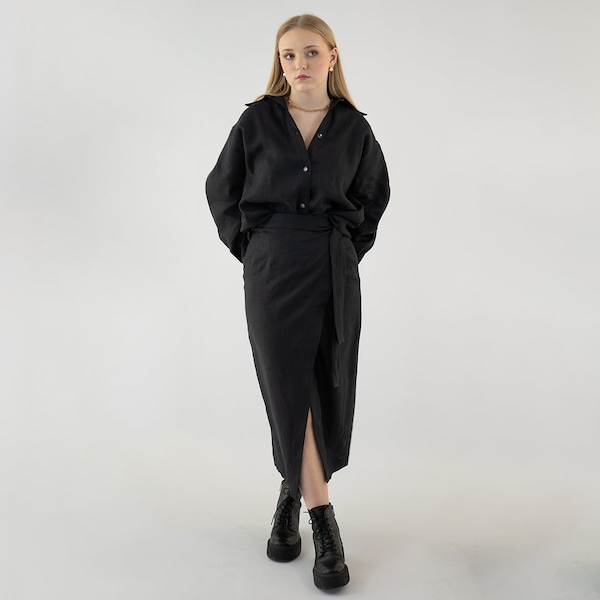 2PC Linen Set, Black Linen Skirt and Blouse Set for Women, 2 piece Casual Outfit,  Black Women Linen Shirt Long Sleeve Wrap Midi Skirt