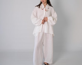 White Linen Two Piece Set, Loose Fit Balloon Sleeve Blouse & Wide Barrel-Leg Pants, Minimalist Summer Outfit, Handmade