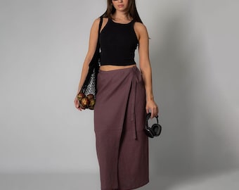 Linen Wrap Maxi Skirt, Long Fitted Loose Wrap Skirts, Adjustable Tie, Custom Made
