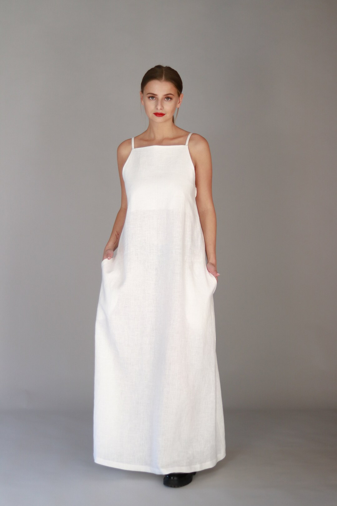 White Linen Maxi Dress , Long Dress With Straps , Summer Maxi Dress ...