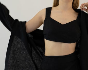 Black Linen Crop Top, ALEGRO, Black Summer Crop Top, Black Bralette, Bralettes for Women, Linen Bra, Two Layers Bralette