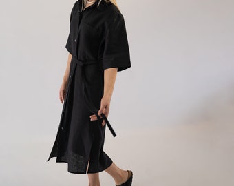 LINEN SHIRT DRESS, Black Linen Midi Dress, Short Sleeve Dress, Linen Spring Dress, Black Linen Dress, Casual Dress