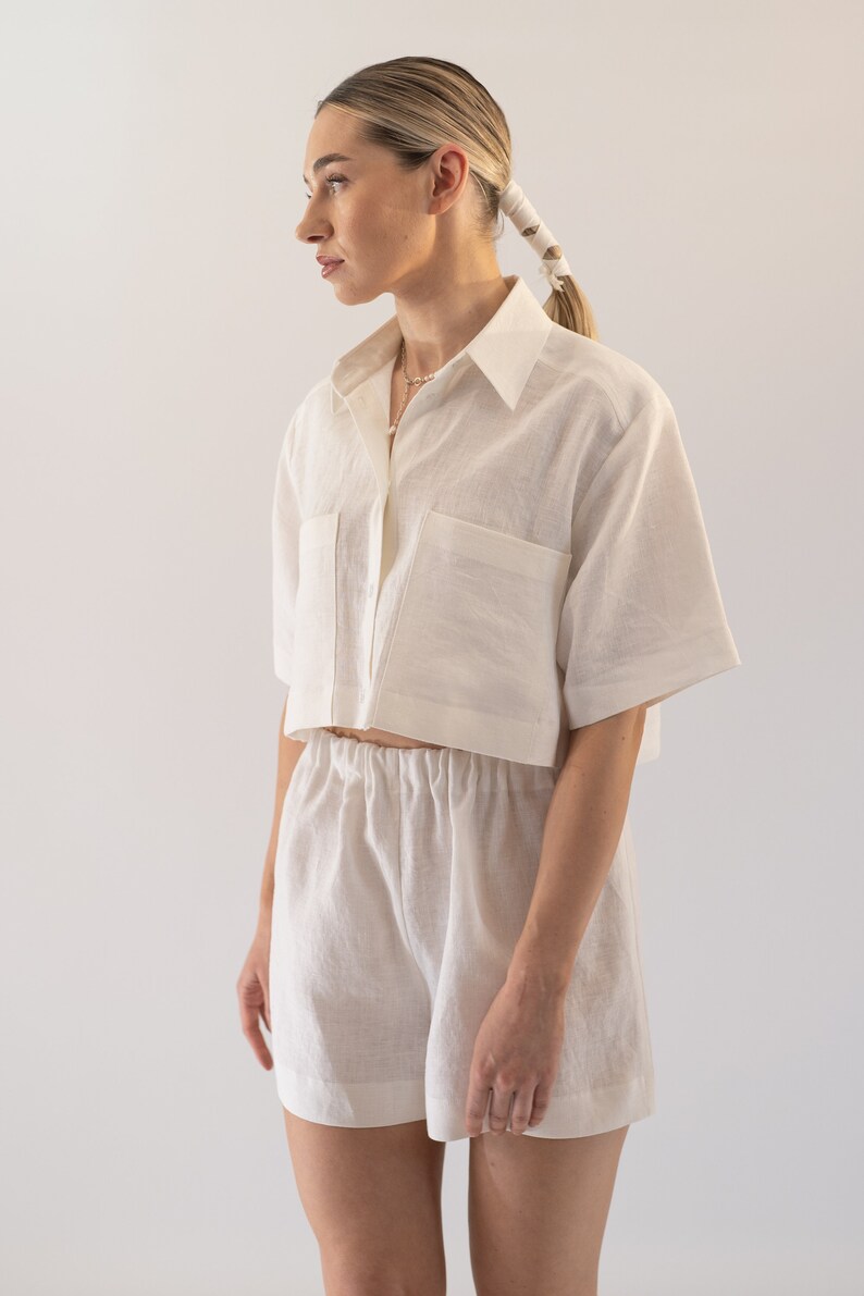 Crop Linen Top, Linen Short Sleeve Crop Top, Blue Linen Cropped Blouse, Linen Cropped Blouse, Womens Linen Shirt, Linen Women's Clothing image 6