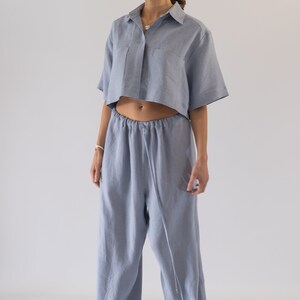 Crop Linen Top, Linen Short Sleeve Crop Top, Blue Linen Cropped Blouse, Linen Cropped Blouse, Womens Linen Shirt, Linen Women's Clothing image 3