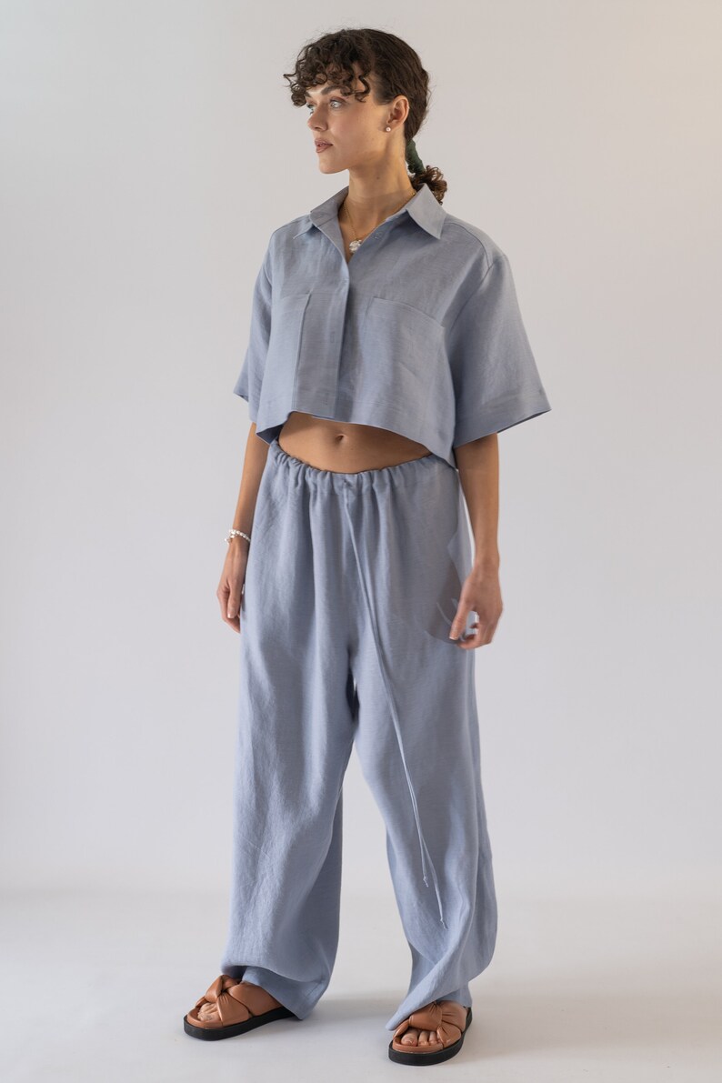 Crop Linen Top, Linen Short Sleeve Crop Top, Blue Linen Cropped Blouse, Linen Cropped Blouse, Womens Linen Shirt, Linen Women's Clothing image 3