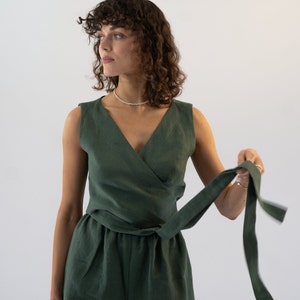 Linen Wrap Crop Top, Linen Crop Top Tie, Blouse Wrap Crop Top, Linen Wrap Top, Cropped Tops Linen, Summer Crop Top, Wrap Top for Women