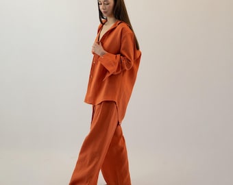 Leinen Oversize Shirt und Palazzo Hose Set, Frauen Sommer Outfit, nach Maß