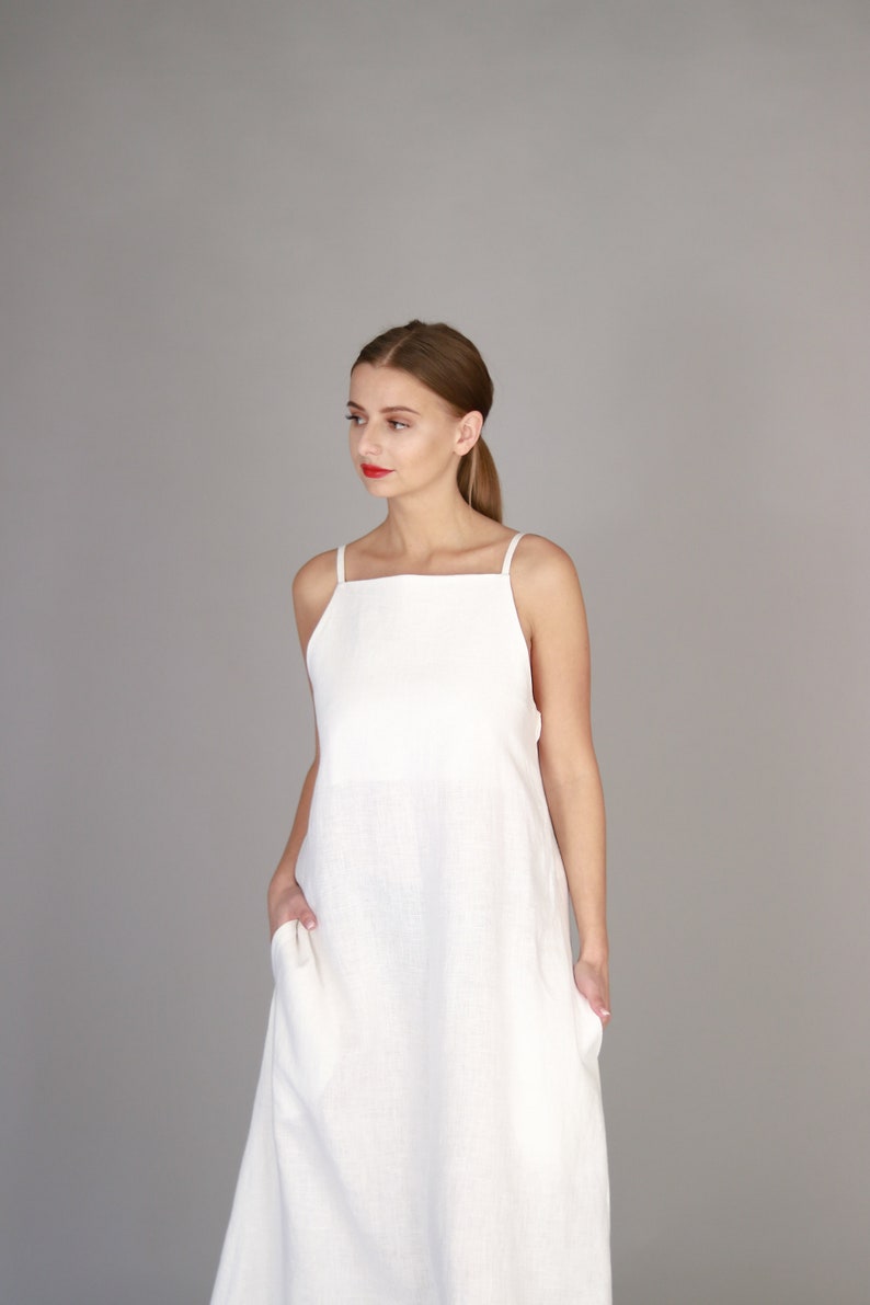 Maxi White dress, linen dress , Long dress with straps , Summer dress , Soft linen dress , White linen dress, linen long dress , Minimal linen dress