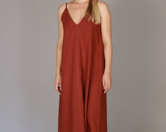 Maxi Linen Dress V neck Brick Linen Dress VIRGINIE / Spaghetti Straps Maxi Dress / Red Summer Dress Woman / Linen Sleeveless Summer Dress