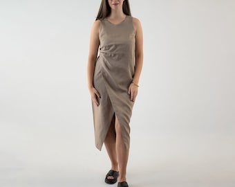 READY to go, Soft Linen Cross Front Midi Dress GRETA, Summer Vacation Classic Style Sleeveless Dress Women,  Size S, Color CACAO