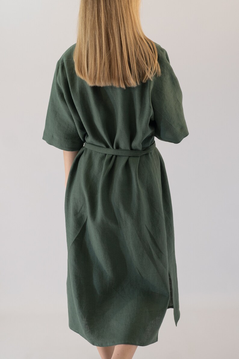 Oversized Short Sleeved Linen Midi Dress, Collared Midi Shirt Dress, Linen Shirt Dress, Green Linen Dress, Lightweight Linen Dress image 3