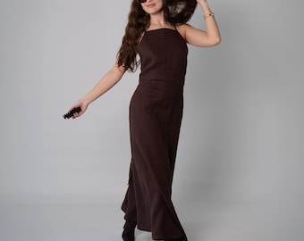 Open Back Long Linen Dress, Backless Summer Dress, Cross Straps, Pockets, Summer Prom Dresses