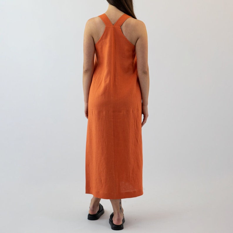 Ready To Go, Orange Linen Sleeveless Midi Dress, Minimalist Linen Dress, Summer Vacation Linen Dress, Size S, Color Orange image 1
