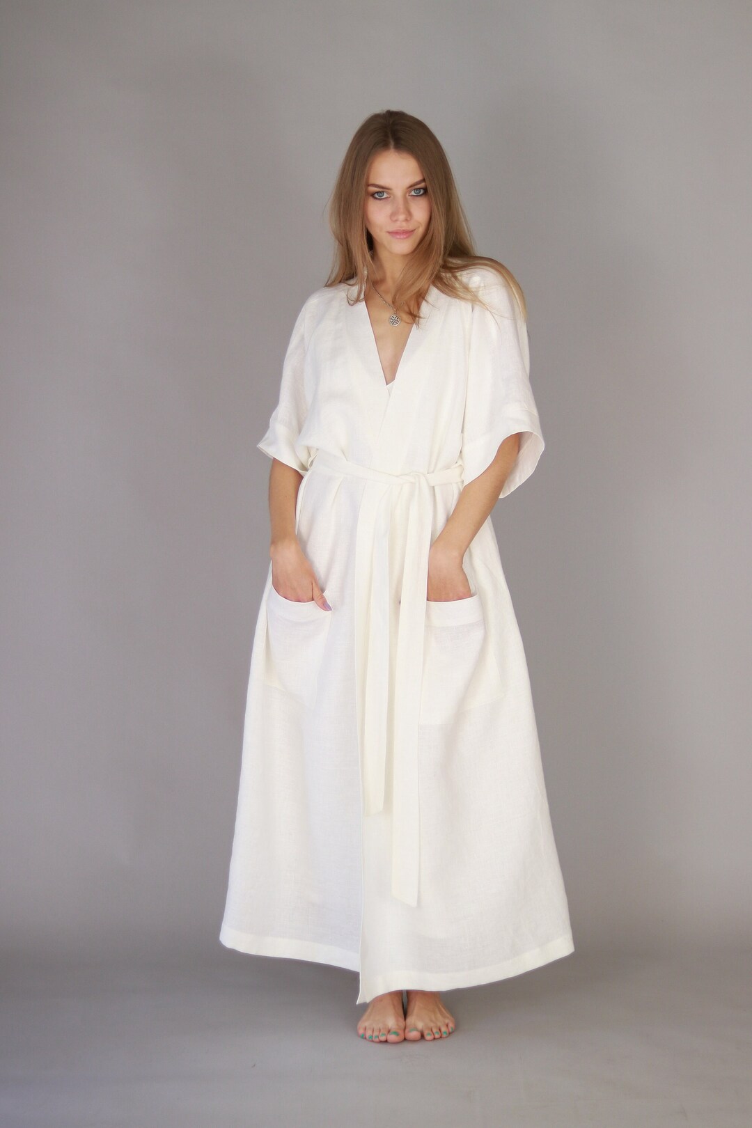 knee length dresses for ladies White Short Kimono Linen Dress – allthebeautifullinen main image 0