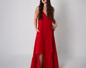 Linen Wrap Sleeveless Maxi Dress, Summer Prom Long Dress, Asymmetric Ruffle Hem, V-Neck, Tie Straps