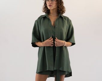 Camisa de lino de manga corta de gran tamaño, blusa de lino minimalista, blusa de verano para mujer, blusa de lino verde, blusa de lino casual para mujer