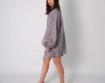 Linen Co Ord Set, Balloon Sleeve Blouse & Wide Leg Shorts, Handmade Linen Set,  Summer Casual Outfit