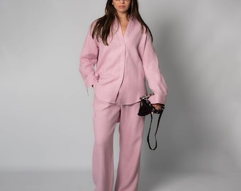 100% Linen Two Piece Set, Women's Oversized Shirt, Wide Leg Pants, Summer Outfit